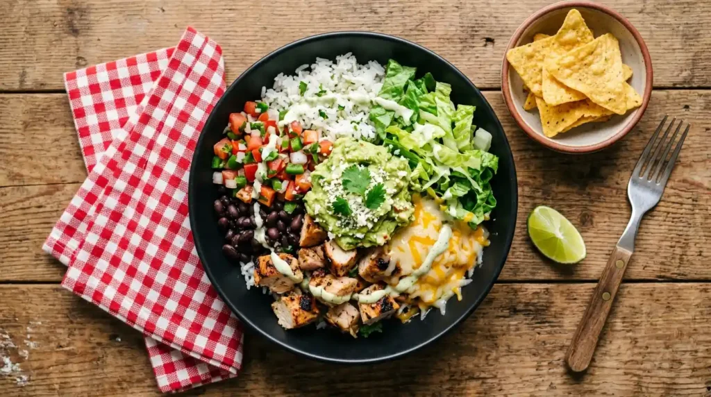 Chipotle burrito bowl with chicken, rice, beans, guacamole and salsa